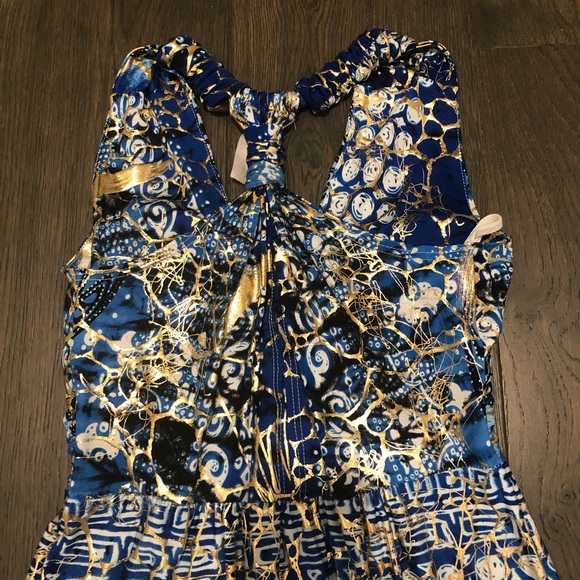 Blue and Gold Patterned Maxi Dress with V-Neck - Picture 3 of 6